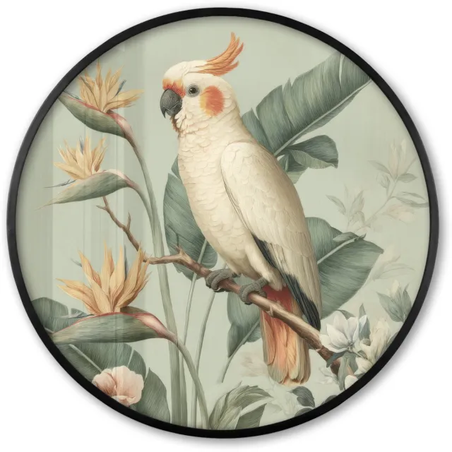 FrameYourWall Poster in lijst Rond - Fotolijst 80x80 cm - Posters - Gele kuifkaketoe - paradijsvogelbloemen - Groen - Ronde posterlijst zwart - Decoratie - Wanddecoratie woonkamer - Muurdecoratie slaapkamer
