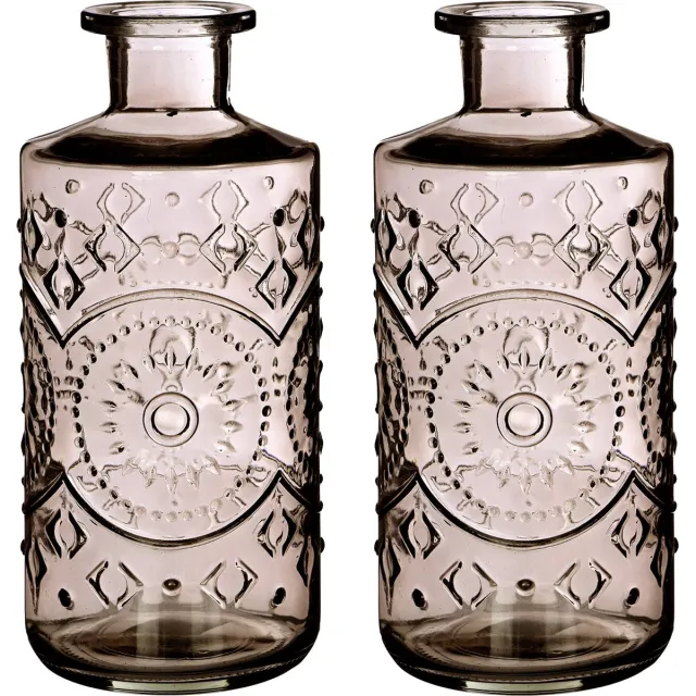 Ideas 4 Seasons Ideas4seasons Bloemenvaas/flesvaas Berlin - 2x - met motief - helder glas - smoke grijs - D9 x H21 cm Lichtgrijs