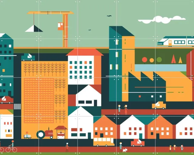 IXXI A New Larger Outer City, Studio Kars + Boom - 100 x 80 cm - Grote wanddecoratie en posters - Kleurrijk, Geometrische Kunst, Grafisch Ontwerp Groen