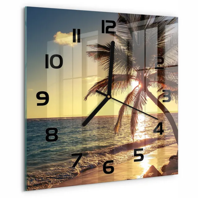 TULUP Wandklok - Tropisch strand Glazen Wandklok Design - 30x30 cm - Geel Klok Glas Met Opdruk - Zwarte handen - Vierkante Klok - Wandklok Glas Met Motief - Decoratieve Glazen Klok