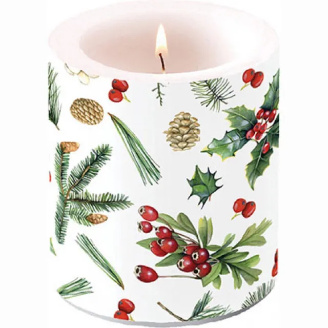 Ambiente kaars - medium - wintergroen - wit - winter greenery - Ambiente - kerst - winter - kado - cadeau