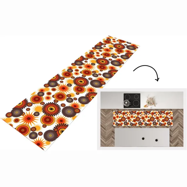 KitchenYeah Keukenloper 200x50 cm - Keukenmat vinyl Design - Retro - Oranje - Bloemen - Keukenmatten loper - Keuken vloerkleed tapijt