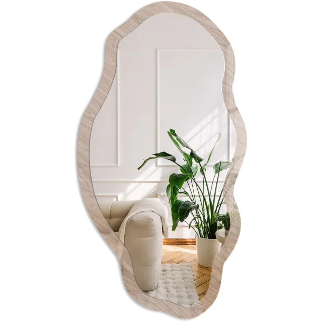 Coloray Houten Constructie Spiegel - Beige Rechthoekige Spiegel Voor Interieur - Organische Spiegel - Woonkamer - Minimalistisch - 45x90 cm - Totale afmeting 52x97 cm Houten StructuurStructuur, Beige