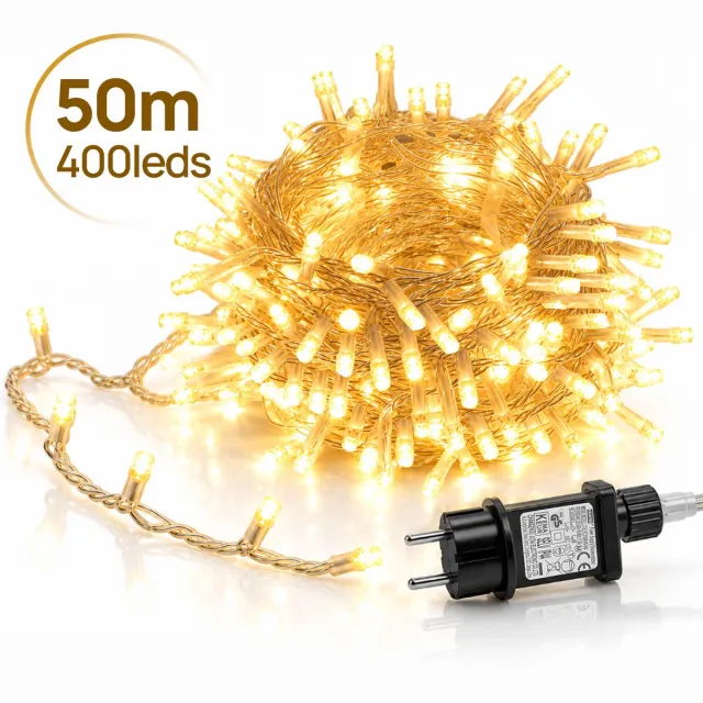 LAPAMAX LED Lichtsnoer - Kerstverlichting 50 m 400 LEDs Warm Wit - Zonder Tail Plug - 31 V Laagspanning met Timer, Geheugen en 8 Lichtstanden - Kerstboomverlichting met Adapter en 3 m Aanloopsnoer