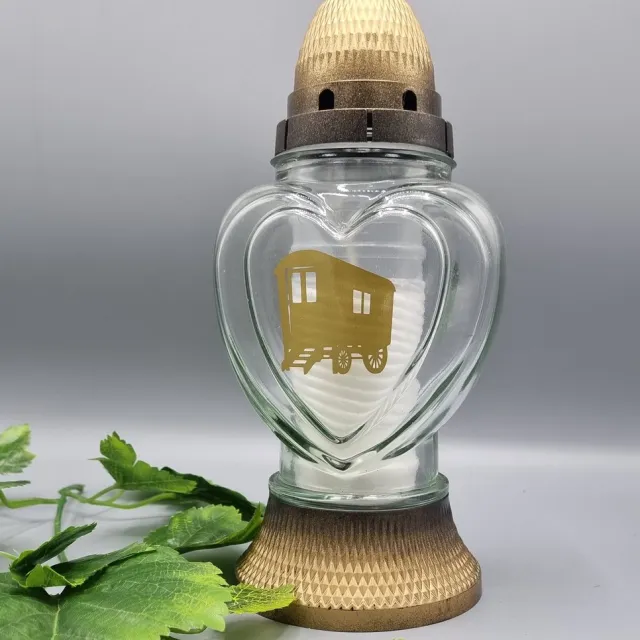 Herdenkingslichtjes.nl Herdenkingslicht - P39 - Transparant glas - Goud - Woonwagen - Grafkaars – Graflicht