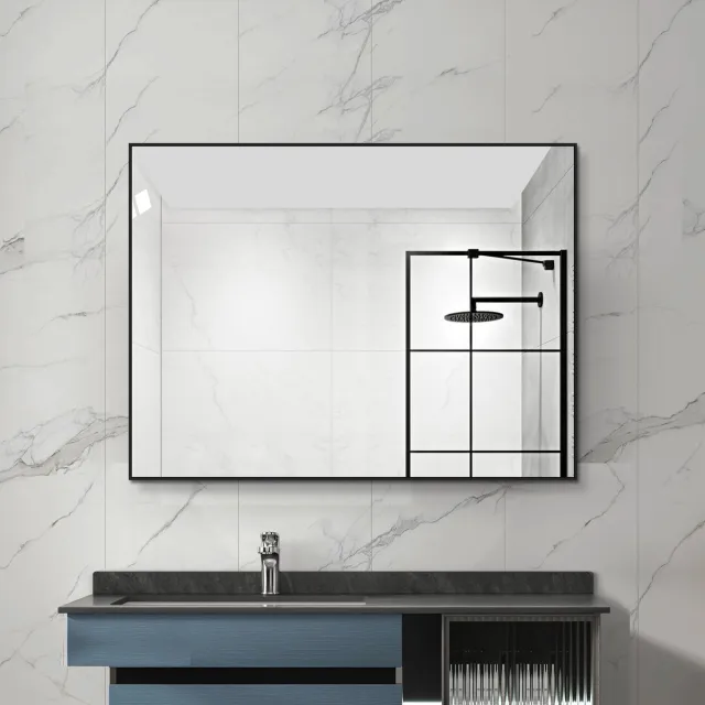 VVBV Wandspiegel 60x80 cm - Horizontaal/Verticaal, Kopervrij Glas, Wandmontage - Aluminium Zwart - Voor Badkamer Black