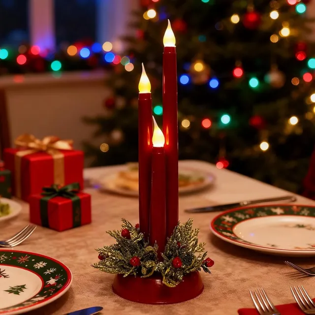 Daity 1 stuk - Vlamloze kegelkaars met voet - 12-inch plastic batterijgevoede vlamloze kaars met 3D-lont - LED-kaarsenhouder - geschikt voor bruiloften en kerstdecoraties rood