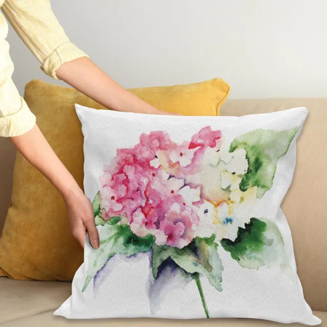 ABAKUHAUS Bloemen Kussenhoes, Hydrangea-Bloemen-Blumenstrauß, Water- en Vuilafstotende Stof met Digitale Print voor Binnen en Buiten, 50 x 50 cm, Groen Geel Roze