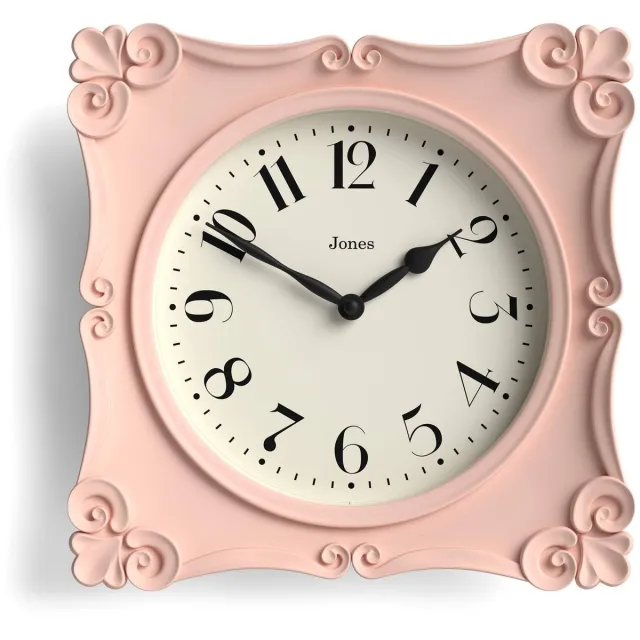 Jones Clocks Rialto wandklok | Sierlijke vierkante klok in vintage stijl | 25 cm | Roze | Ideaal voor in de woonkamer of slaapkamer