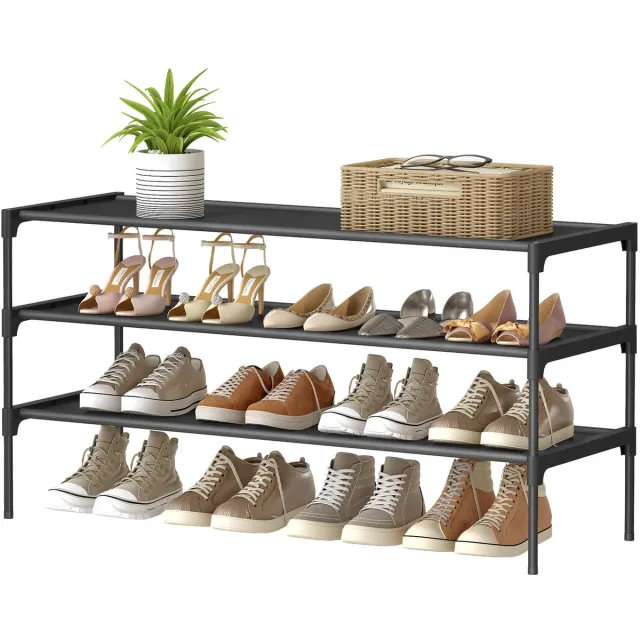 Famanu 3-laags schoenenrek, ruimtebesparend, metalen frame, ideaal voor het organiseren van schoenen Zwart