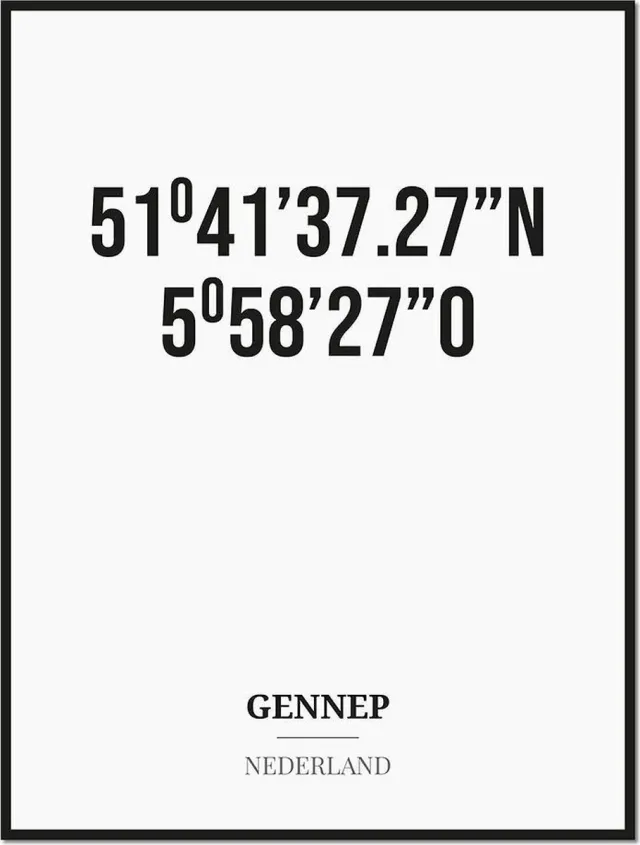 Studio216 Poster/kaart GENNEP met coördinaten zwart, wit