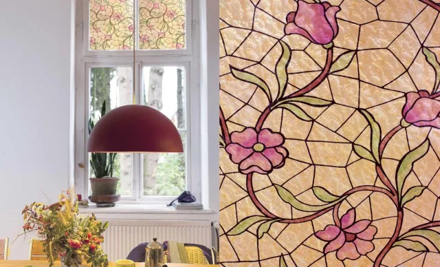 Patifix Raamfolie Glas In Lood - Zelfklevend - Bloemen 45x200 cm Rood, groen, geel