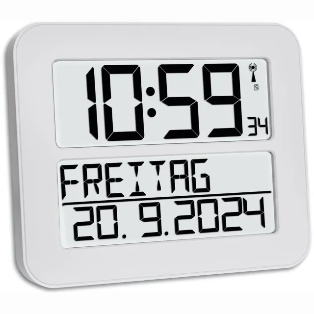Famanu Digitale wandklok, radiogestuurd, gemakkelijk te lezen met datum en weekdag, grote cijfers, wit, 258 x 30 x 212 mm