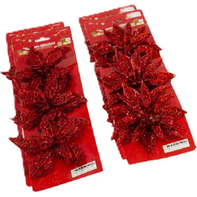 Gerimport Kerstboom bloemen op clip - 12x stuks - rood - kunststof - kerstornamenten