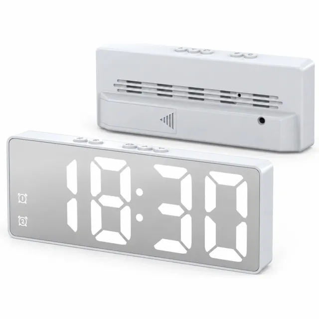 SWGOTA Digitale LED-wekker met grote cijfers - Witte behuizing en zilverkleurig spiegelfront - Knoppen bovenop