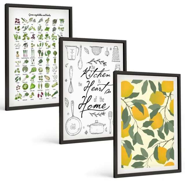 Coloray 3-Delige Schilderij Set - Lijst Met Keukenkruiden, Belettering En Beschilderde Citroenen - 40 x 60 cm - Muurdecoratie - Interieur Decoratie - Woonkamer Decoratie Zwarte lijst