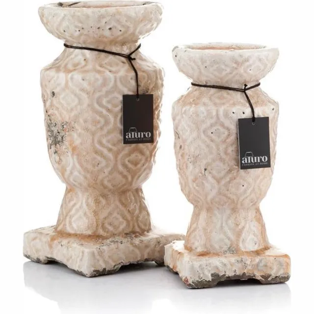 Mandee Kandelaar Aluro Belbi 2-delig - Betonnen Kandelaars Verouderd Design - Kandelaars met Oude Schade Imitatie - Stijlvolle Interieurelementen Creme