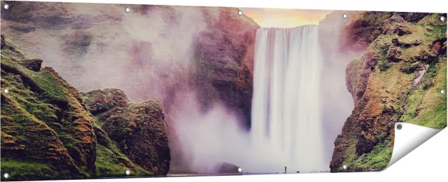 Gards Tuinposter Waterval met een Weerspiegeling in het Water - 180x60 cm - Tuindoek - Tuindecoratie - Wanddecoratie buiten - Tuinschilderij Multikleur