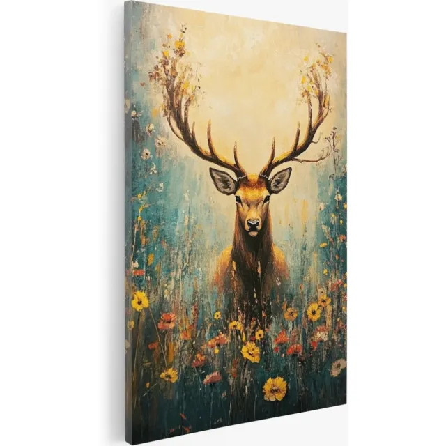 Saammp Canvas Schilderij - Abstract hert tussen de bloemen - Dieren - Natuur - 30x45 - Foto op canvas - Wanddecoratie - Muurdecoratie Woonkamer - Slaapkamer decoratie - Canvas Print Multicolor