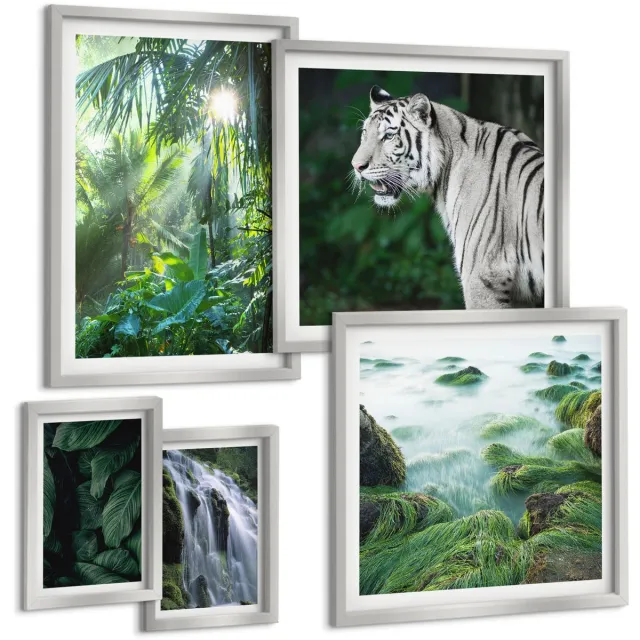 TULUP 4-Delige Schilderij Set - Tropische natuur met wilde dieren en watervallen - 50 x 50 cm, 20 x 30 cm en 40 x 60 cm - Decoratieve Muurdecoratie - Slaapkamer - Stijlvolle Muurdecoratie Zilveren lijst