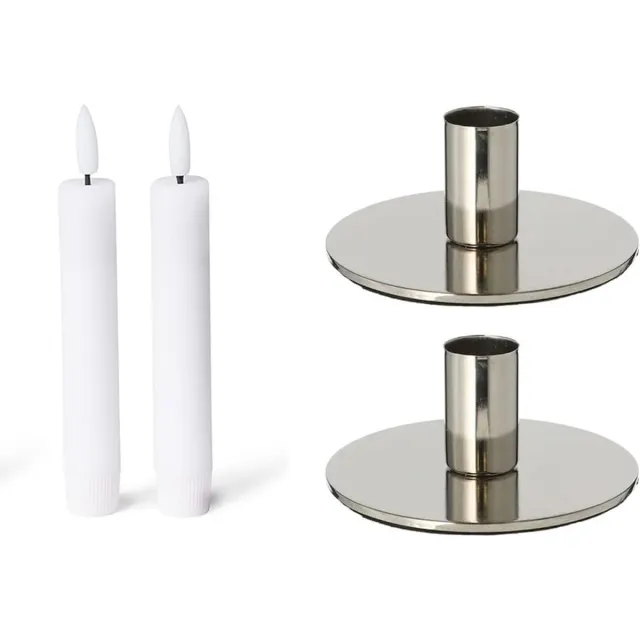 Novaliv Set van 2 kaarsenhouders van metaal zilver 10x5cm met LED-stokkaars premium flikkerend licht vintage kaarsenhouder retro woondecoratie kersttafeldecoratie kandelaar kaarspen decoratieve schaal