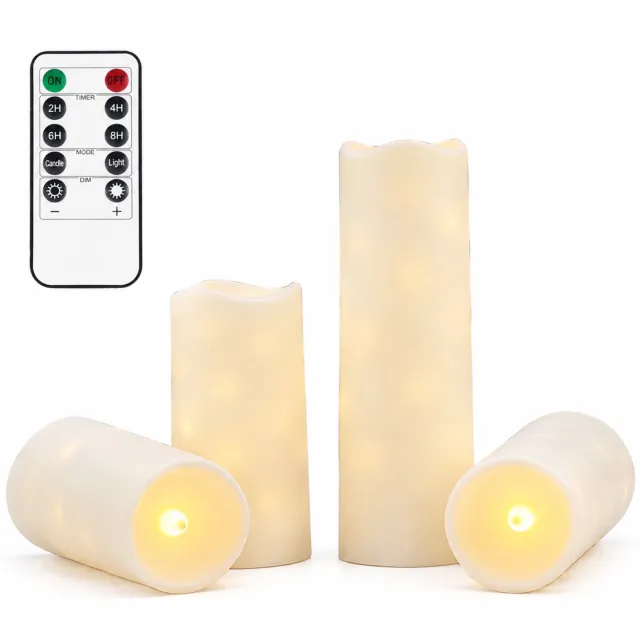 SWGOTA led kaarsen beige, 4 stuks per doos, met interne lichtslinger en golvende bovenrand, inclusief kleine afstandsbediening met knoopcel