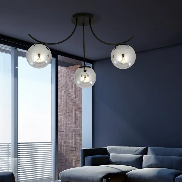 Emibig Kopenhagen plafond lamp zwart met 3 gerookte glazen bollen - Perfecte verlichting voor een modern interieur Zwartachtig