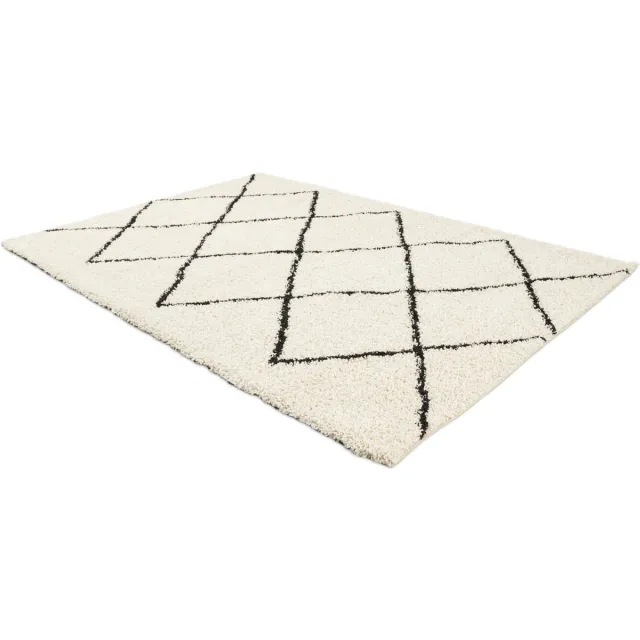 Lifa-Living Lifa Living - Vloerkleed Aarhus - Hoogpolig - Geometrische Lijnen - Crème en Zwart - Poolhoogte 2 cm -160 x 230 cm Zwart, Crème