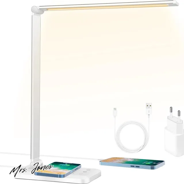 Mrs. Jones LED Bureaulamp Dimbare Tafellamp 6W Draadloos Opladen en USB-laadaansluiting Oogbeschermingsleeslamp 10 Helderheidsniveaus 5 Kleuren aanraakveldbediening Tafellamp voor Lezers Kantoor - Wilktop Helderheid Kleuren . multi-color