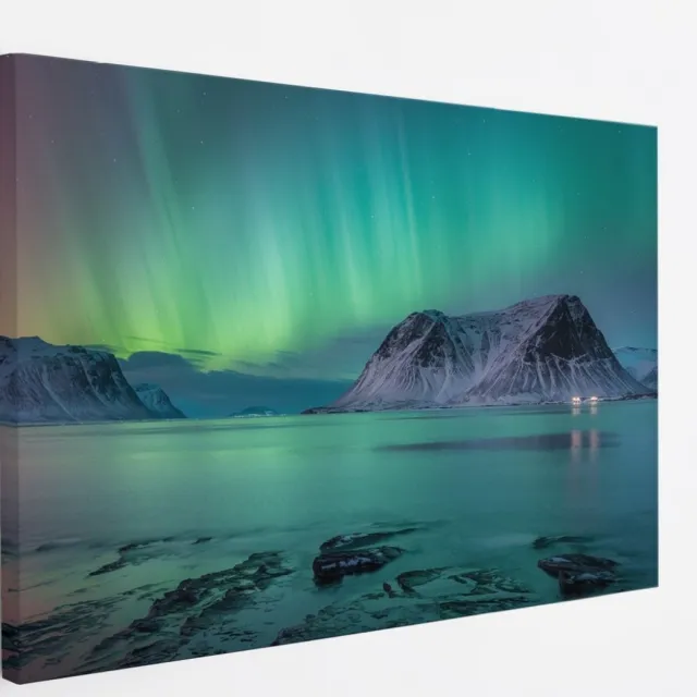 Saammp Canvas Schilderij - Noorderlicht - Bergen - Landschap - Natuur - 40x30 - Foto op canvas - Wanddecoratie - Muurdecoratie Woonkamer - Slaapkamer decoratie - Canvas Print Multicolor