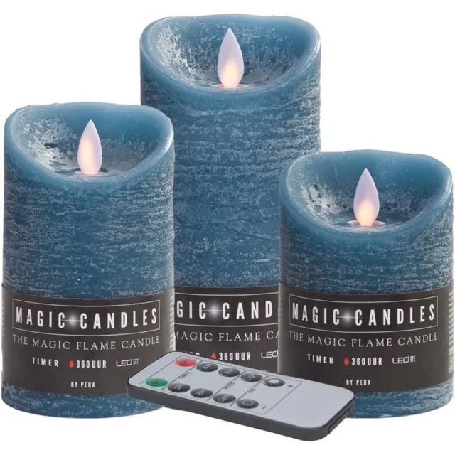 Magic Flame Kaarsen set van 3x stuks Led stompkaarsen jeans blauw met afstandsbediening - Woondecoratie - Elektrische kaarsen
