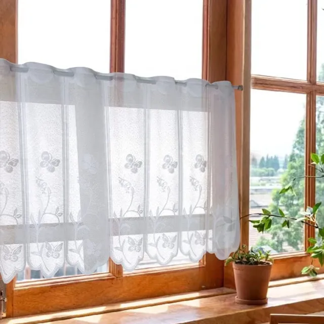 Unyqoos Transparant jacquard gordijn met bloemenpatroon en gebogen rand voor keuken 150x90cm wit