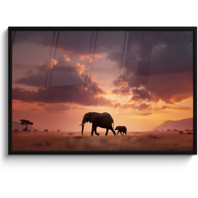 FrameYourWall Poster in lijst - Fotolijst 120x80 cm - Posters - Olifanten - Grasland - Zonsondergang - Posterlijst zwart - Decoratie - Wanddecoratie woonkamer - Muurdecoratie slaapkamer
