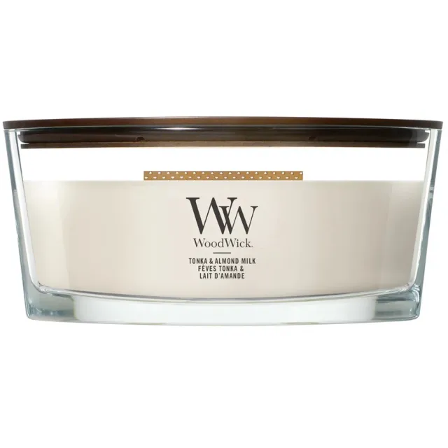 Woodwick Hearthwick - Tonka & Almond Milk - Ellipse Geurkaars - 50 branduren Crème