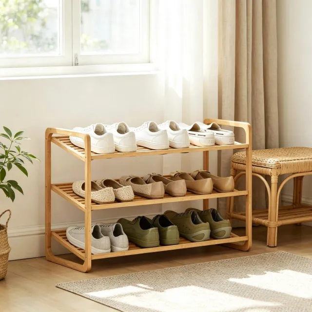 Ropilly Bamboe Schoenenrek Met 3 Lagen - Open Opbergrek Voor 9 Tot 12 Paar Schoenen - Schoenenrek Voor De Hal - 76 Cm Breed - Natuurlijk Bamboe