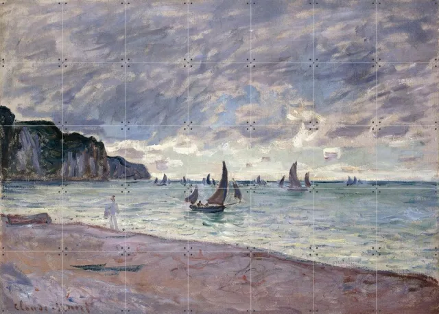 IXXI Fishing Boats and Cliffs - Pourville, Claude Monet & Bridgeman Images - 140 x 100 cm - Grote wanddecoratie en posters - Impressionisme, Klassiek Warme kleuren / Blauw