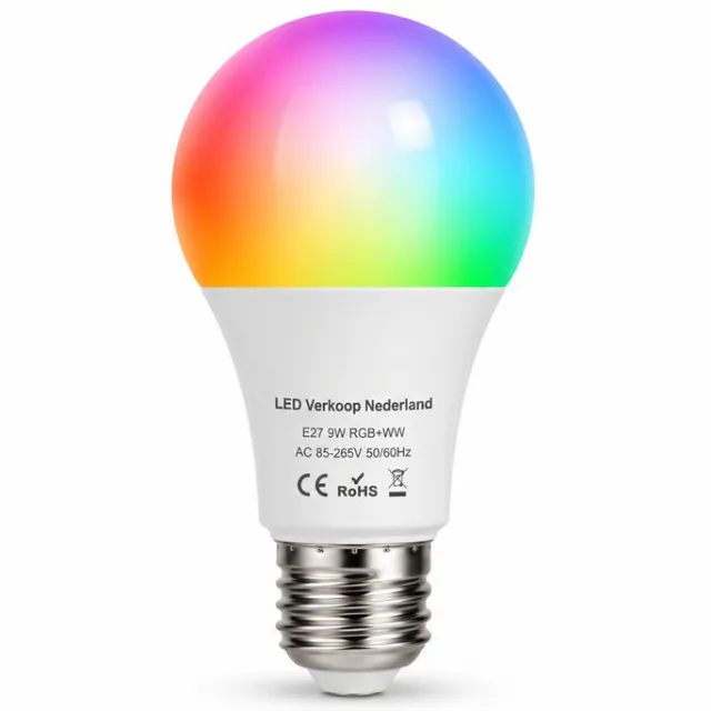 Verkoop Nederland® Smart RGB LED lamp E27 9W dimbaar warm wit + RGB met afstandsbediening en app