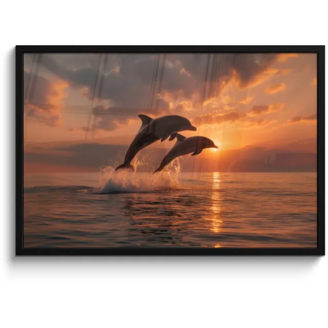 FrameYourWall Poster in lijst - Fotolijst 90x60 cm - Posters - Dolfijnen - Zee - Realistisch - Posterlijst zwart - Decoratie - Wanddecoratie woonkamer - Muurdecoratie slaapkamer