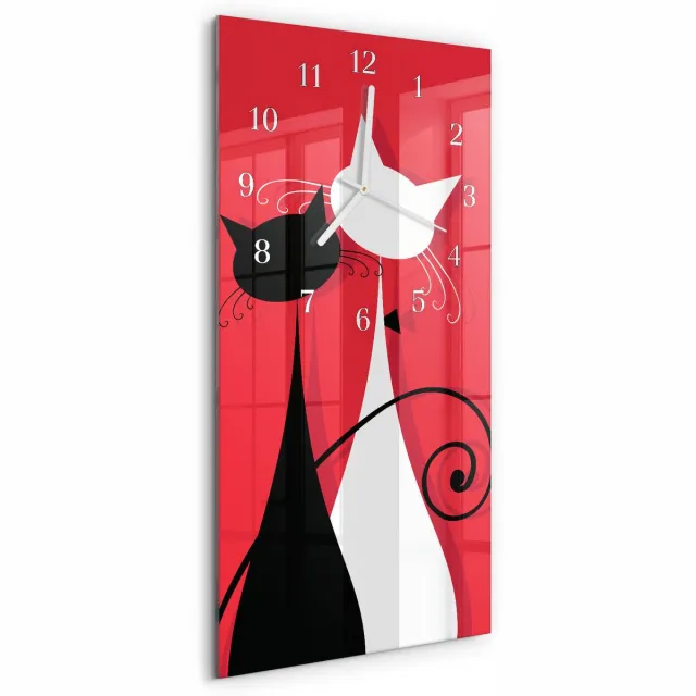 TULUP Wandklok - Katten Wandklok Glas Decoratie - 30x60 cm - Rood Gekleurde Glazen Klok - Witte Handen - Rechthoekige Wandklok - Wandklok Glas Met Motief - Decoratieve Glazen Klok Rood - Katten