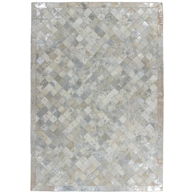 Padiro leren designvloerkleed 160 x 230 cm - lichtbeige - modern patchworkontwerp - met diagonaal ruitpatroon en glanzende accenten - voor vloerverwarming - van leer