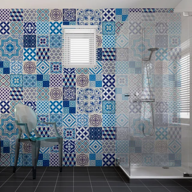Ambiance Sticker Zelfklevende tegelmuurstickers voor keuken en badkamer - 60 cementtegelstickers, Azulejos-design, hortensia-patroon - 60 stickers, 10x10 cm Multi color