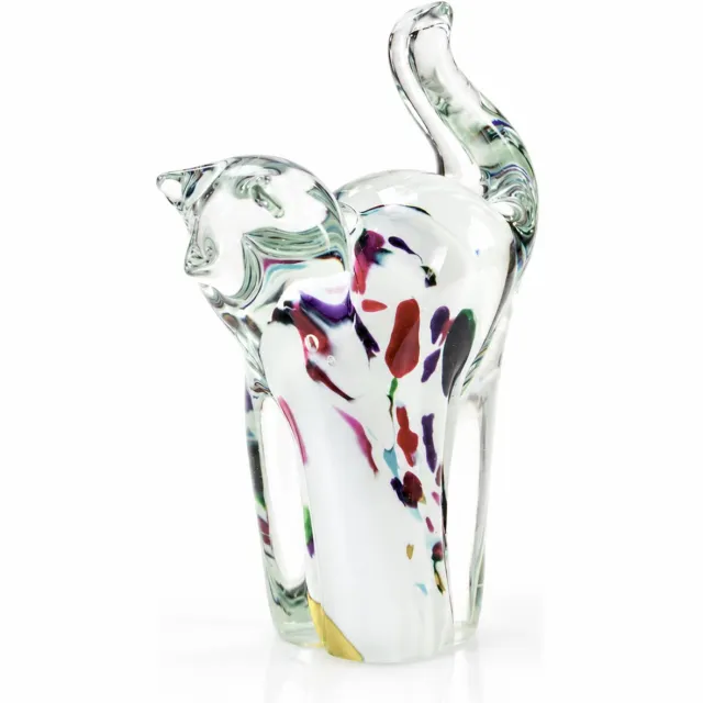 Loranto Glazen Kat Beeld Wit Multicolor – Decoratief Kattenbeeld – 14 cm