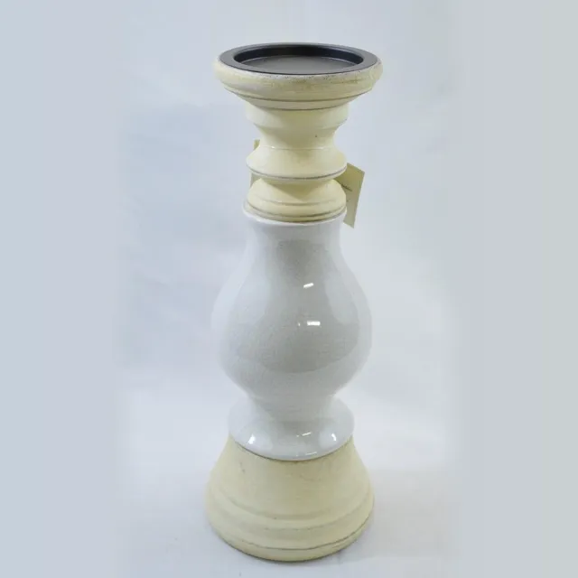 ZoeZo Design Kandelaar - kaarsenhouder - hout - aardewerk - lichtgrijs - H33 x Ø 13 cm