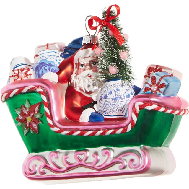 Viv! Christmas Kerstornament - Chinoiserie Slee met Kerstman en Cadeaus - glas - groen roze rood - 11cm