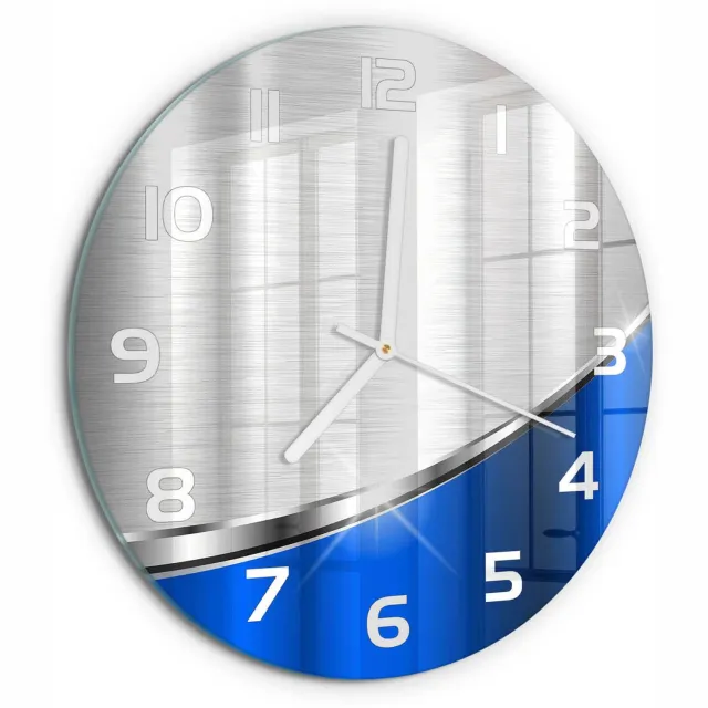 TULUP Wandklok - Metaalabstractie Gekleurde Glazen Klok - fi30 cm - Blauw Glazen Klok Met Print - Witte handen - Ronde Klok - Moderne Wandklok Glas - Wandklok Glas Decoratie