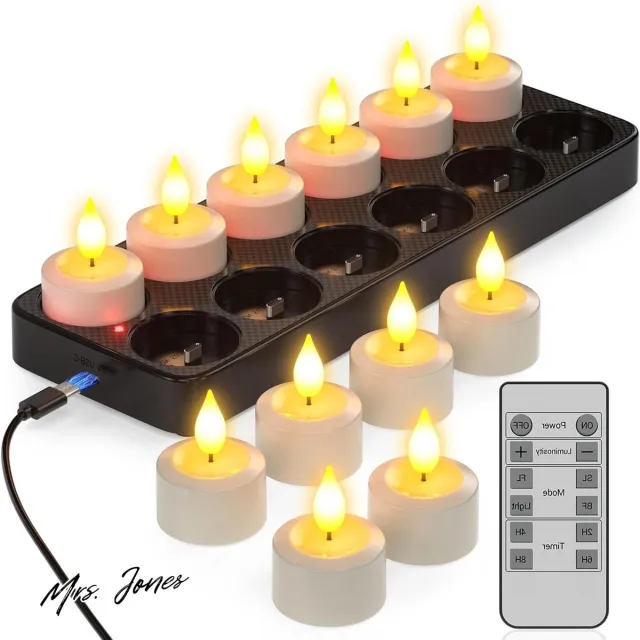 Mrs. Jones Oplaadbare Theelichtjes met Laadstation en Timer - Led Theelichtjes Oplaadbaar Flikkerende Kaarsen met Afstandsbediening Timerfunctie - Perfect voor Thuis Halloween Pompoen Kerstmis . multi color
