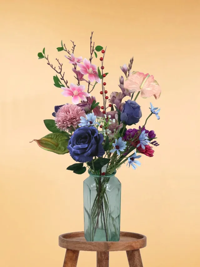 The Bloomistic Company The Bloomistic® – Zijden Boeket – 70-80 cm hoog – Kunstbloemen – 14 stelen – moederdag – nepbloemen – housewarming cadeau – decoratie – decoratie woonkamer roze, lichtblauw, rood