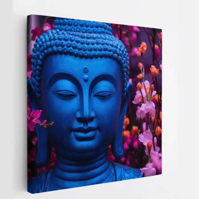 Saammp Canvas Schilderij - Boeddha bij roze bloemen - 20x20 - Foto op canvas - Wanddecoratie - Muurdecoratie Woonkamer - Canvas schilderijen Multicolor