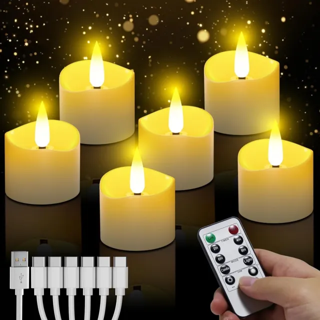 COOAU Oplaadbare LED Kaarsen Met Bewegende Vlam - LED Kaarsen met Afstandsbediening - Met Oplaadstation - Theelichtjes - Waxinelichtjes - Flikkerende Vlam - Oplaadbaar & Draadloos - 6 Stucks Wit