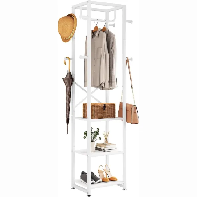 PromoHome Vrijstaande kapstok met 3 planken en 8 haken, kledingstandaard voor entree, hal, slaapkamer, 180 x 40 x 30 cm, Wit